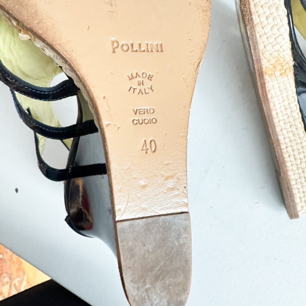 Pollini Raffia Patent Leather Navy Blue Wedge Summer Heels 40 - Picture 8 of 8